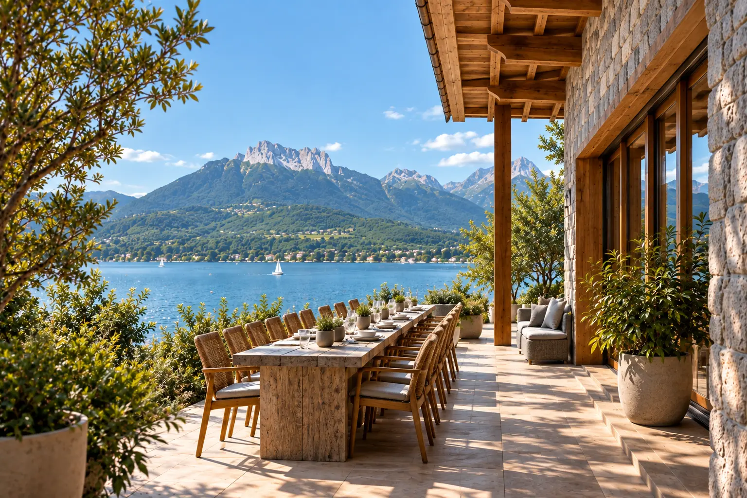 Grande table de repas dressée sur la terrasse couverte