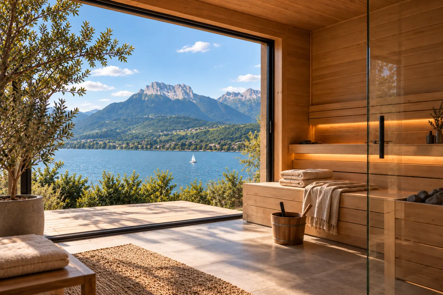 Sauna au bois clair avec vue panoramique sur les montagnes