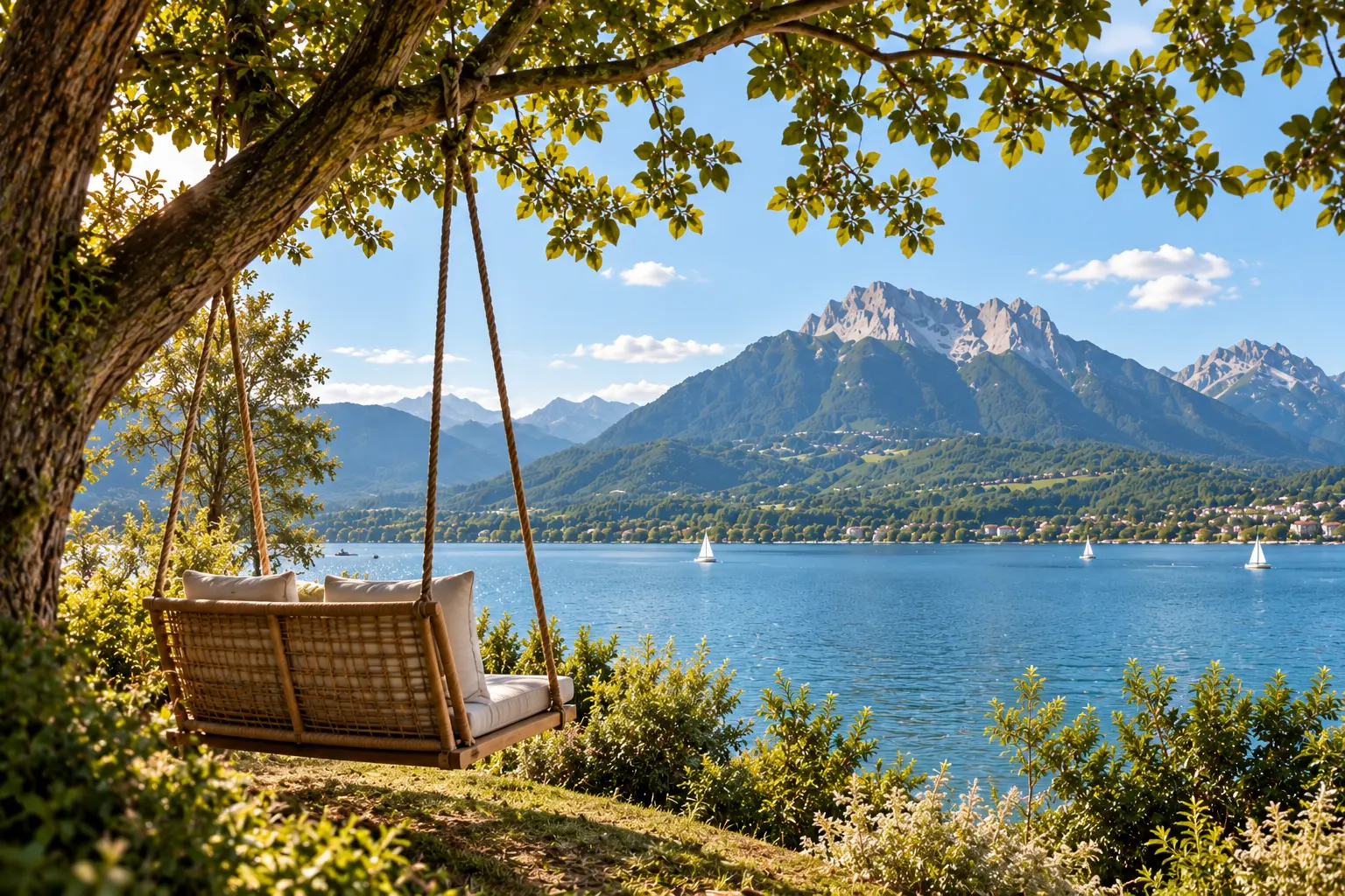 Balancoire sous un arbre au bord du lac