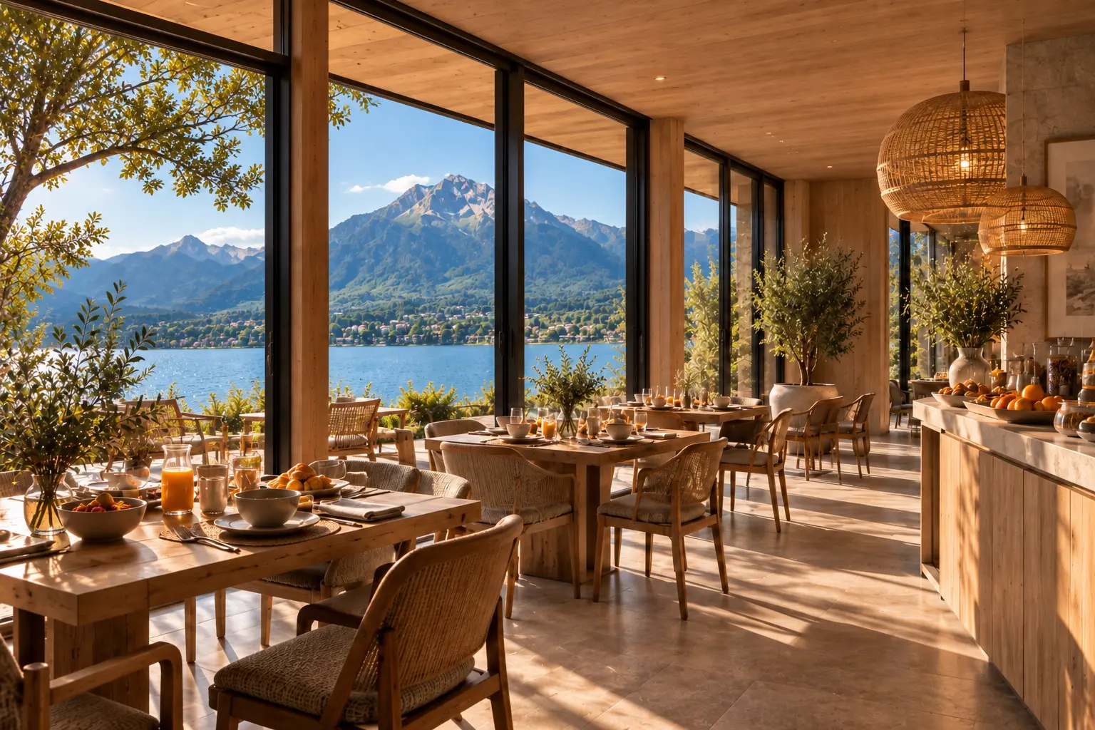 Salle à manger lumineuse ouverte sur le lac