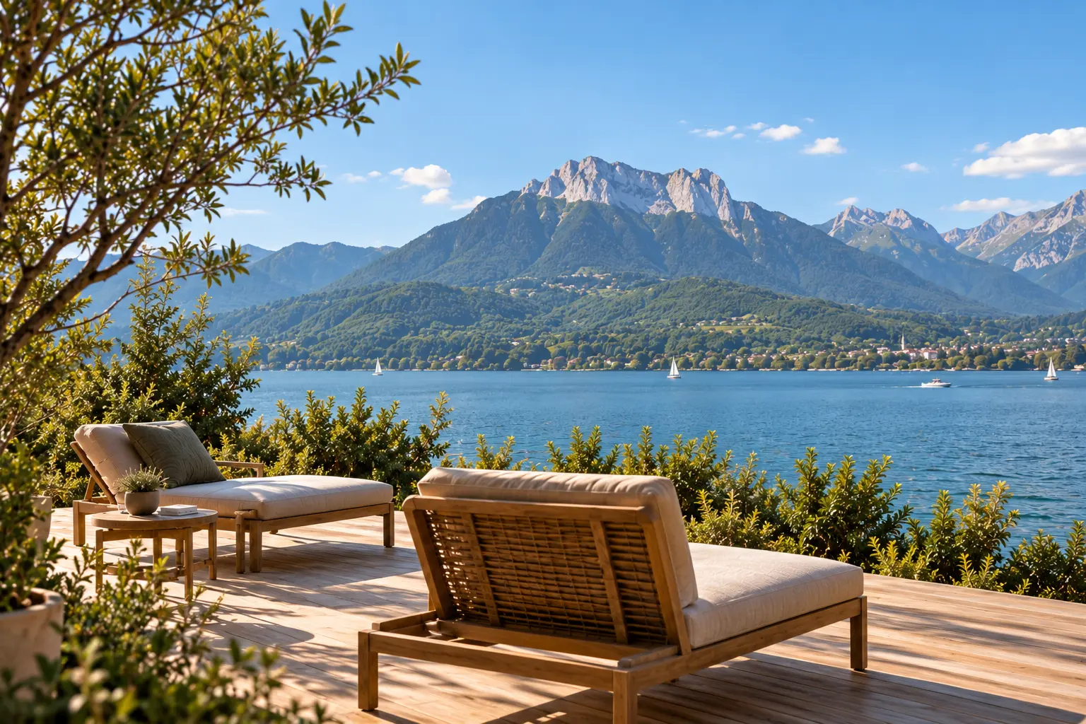 Terrasse en bois avec chaises longues face au lac