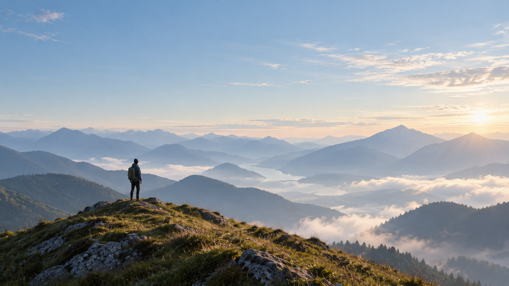 Randonneur contemplant un paysage alpin au lever du soleil