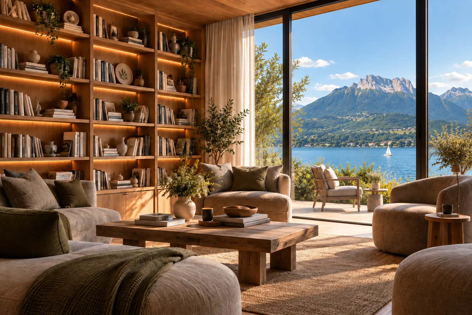 Salon intérieur avec bibliothèque et baie vitrée sur le lac